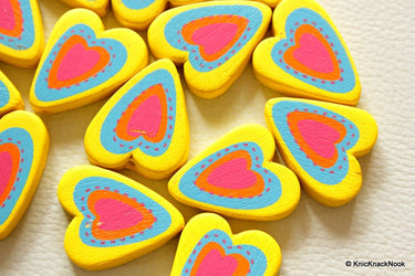 Yellow, Blue, Orange And Pink Heart Wood Beads x 5